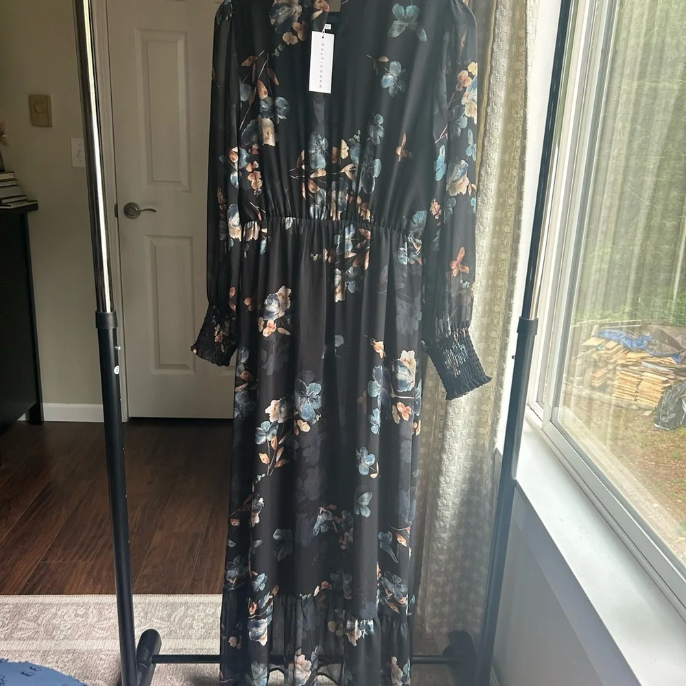 Baltic Born Navy Floral Maxi Dress - High Neck, Ruffle Hem, Gauzy Sleeves - Picture 4 of 5